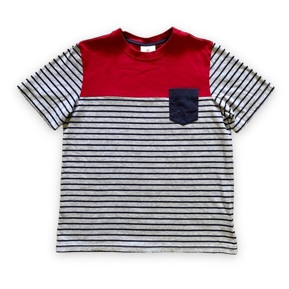 Hanna Andersson Navy Gray Red Striped Pocket Tee Girls Size 160 (14/16) - Picture 1 of 6